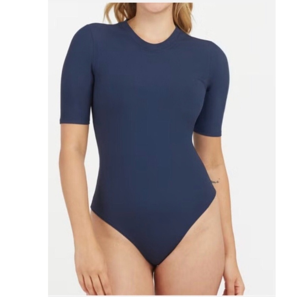 Spanx Suit Yourself Ribbed Short Sleeve Bodysuit Navy Blue Large Crew Neck